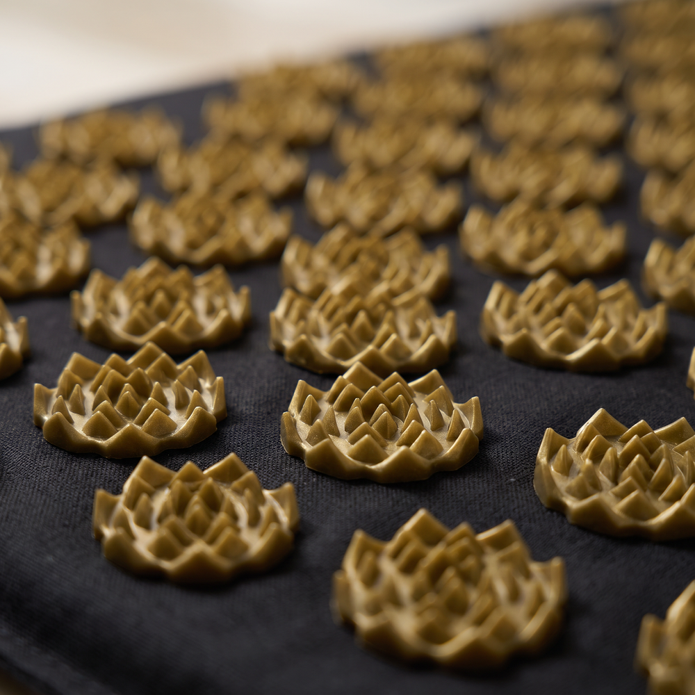 Macro close-up of gold lotus acupressure spikes on black fabric